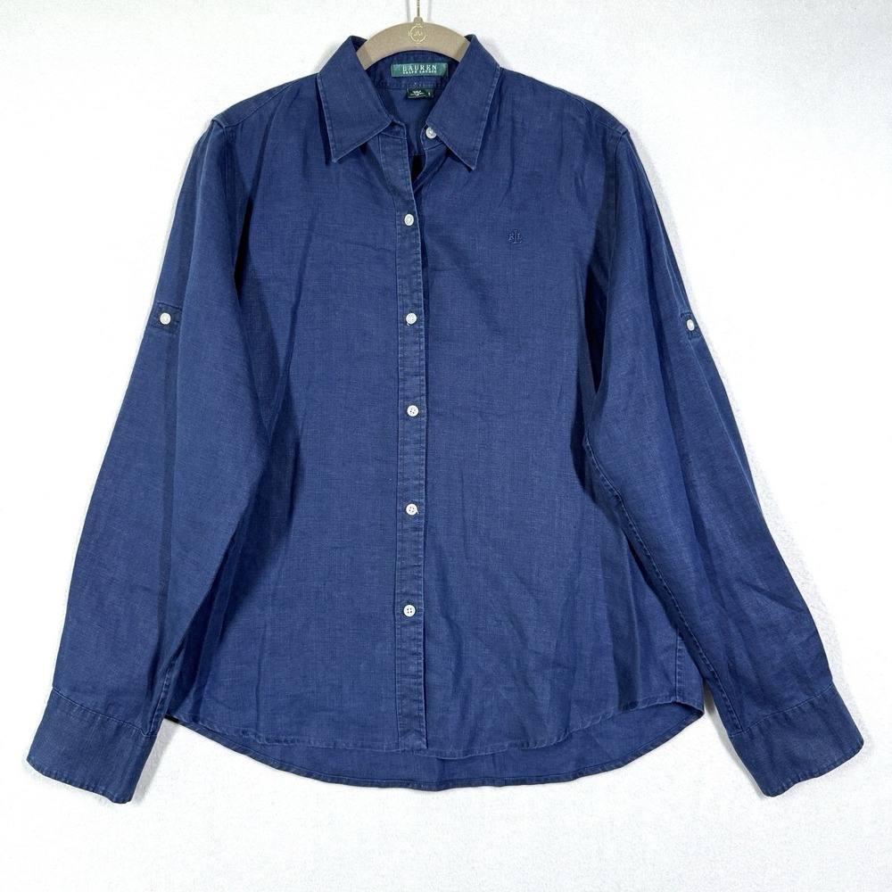 Lauren Ralph Lauren Women Small 100% Linen Long Sleeve Button Shirt Logo Coastal